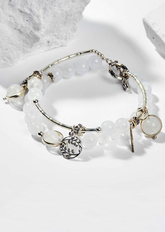 Vòng Tay Phong Thủy 2 Lines Nữ Đá Thạch Anh Ưu Linh Trắng Phối Charm Trái Tim Mệnh Kim, Thủy Ngọc Quý Gemstones