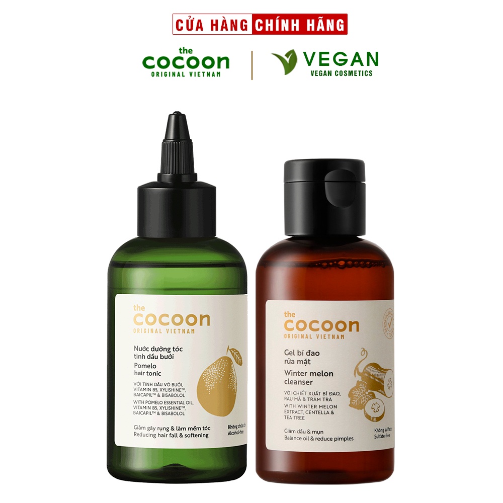 Combo Gel bí đao rửa mặt Cocoon 140ml + Nước dưỡng tóc tinh dầu bưởi Pomelo Cocoon 140ml