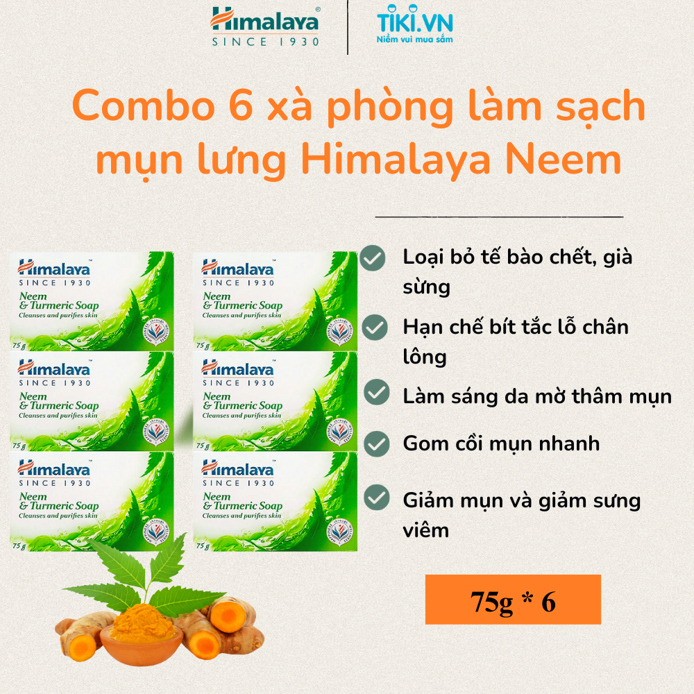 Combo 6 Hộp Xà Phòng Thiên Nhiên Himalaya Neem Và Nghệ Tây Bảo Vệ Da (75g / Hộp)