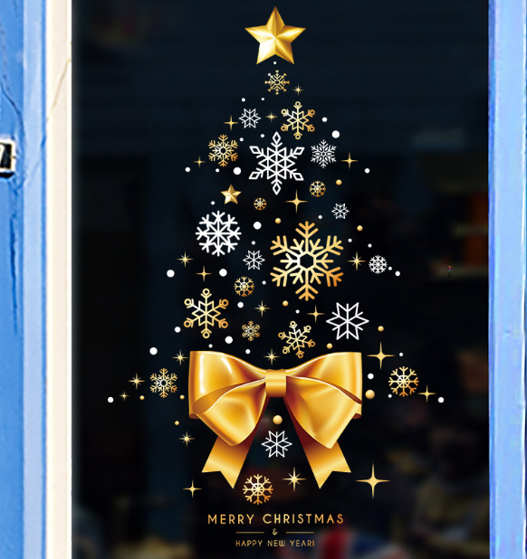 Decal trang trí Noel hít tĩnh điện - Cây thông và chiếc nơ vàng