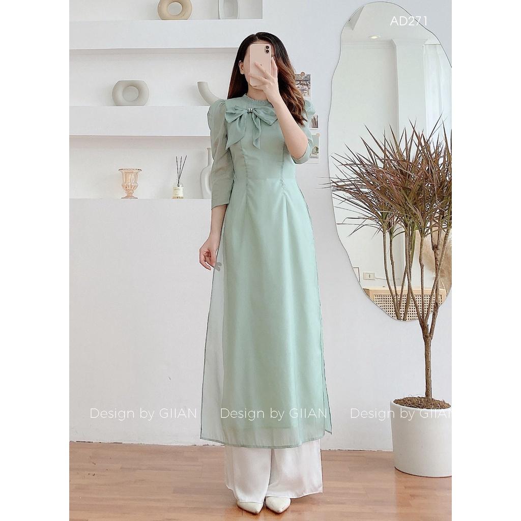 Áo dài cách tân đính nơ ngực, áo dài tay bồng 4 tà chất voan nhẹ xiêu xinh cho các nàng