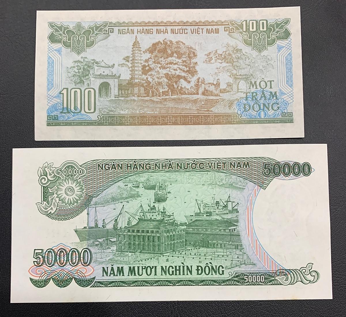 (2 tờ) 100 đồng 1991 và 50 Nghìn xanh lá 1994 giấy cotton ngày xưa [MỚI 99%] sưu tầm, sưu tầm