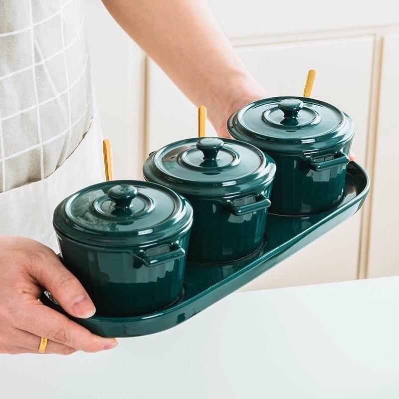 Khay 3 Hũ Sứ Gia Vị kèm thìa, Sét Ăn Sáng Đồ Ăn Dặm, Sứ cao cấp xuất khẩu
