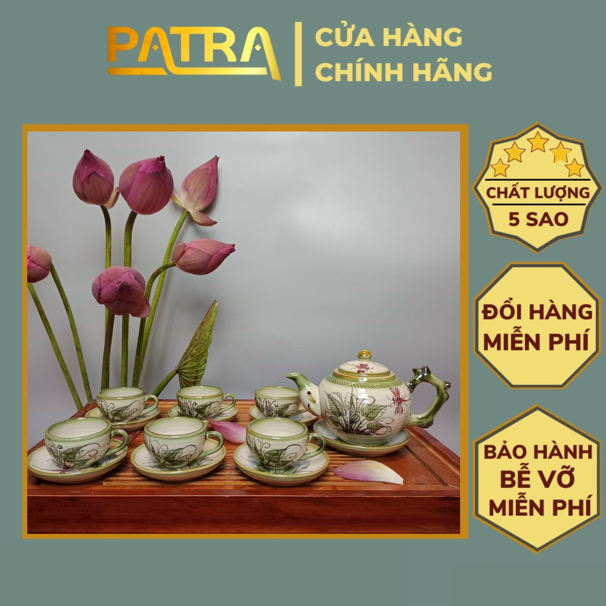 Bộ ấm chén uống trà cao cấp , bộ ấm trà Bát Tràng men rong vẻ tay gốc cầy chuồn khoai