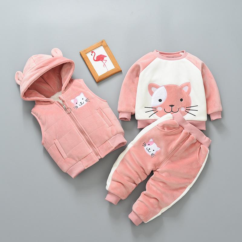 Bộ Quần Áo Bé Trai Mùa Đông Plus Nhung Dày 3 Mảnh Trẻ Em Ấm Hoạt Hình Khủng Long Gấu Có Mũ Bé Gái phù Hợp Với