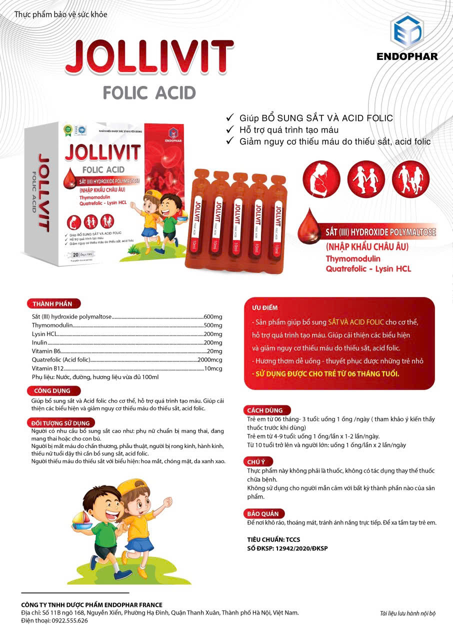 JOLLIVIT FOLIC ACID (Sắt) ENDOPHAR Chính Hãng - Bổ Sung Sắt và Axit Folic Cho Phụ Nữ Mang Thai và Trẻ Em 