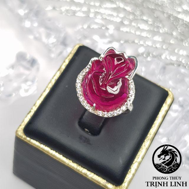 NHẪN BẠC CỬU VỸ HỒ LY ĐỎ ĐẬM