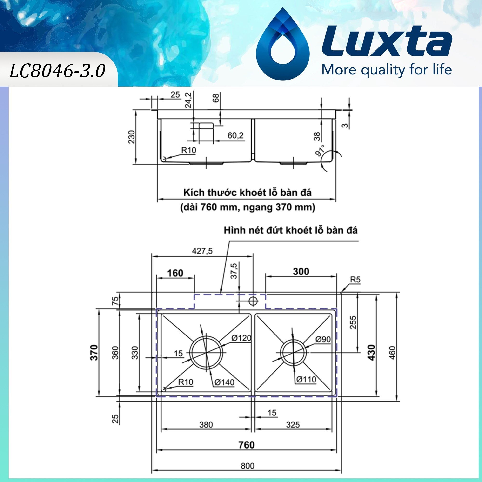 Chậu Rửa Bát Chính Hãng LUXTA LC8046-3.0 INOX 304 CHỐNG GỈ SÉT