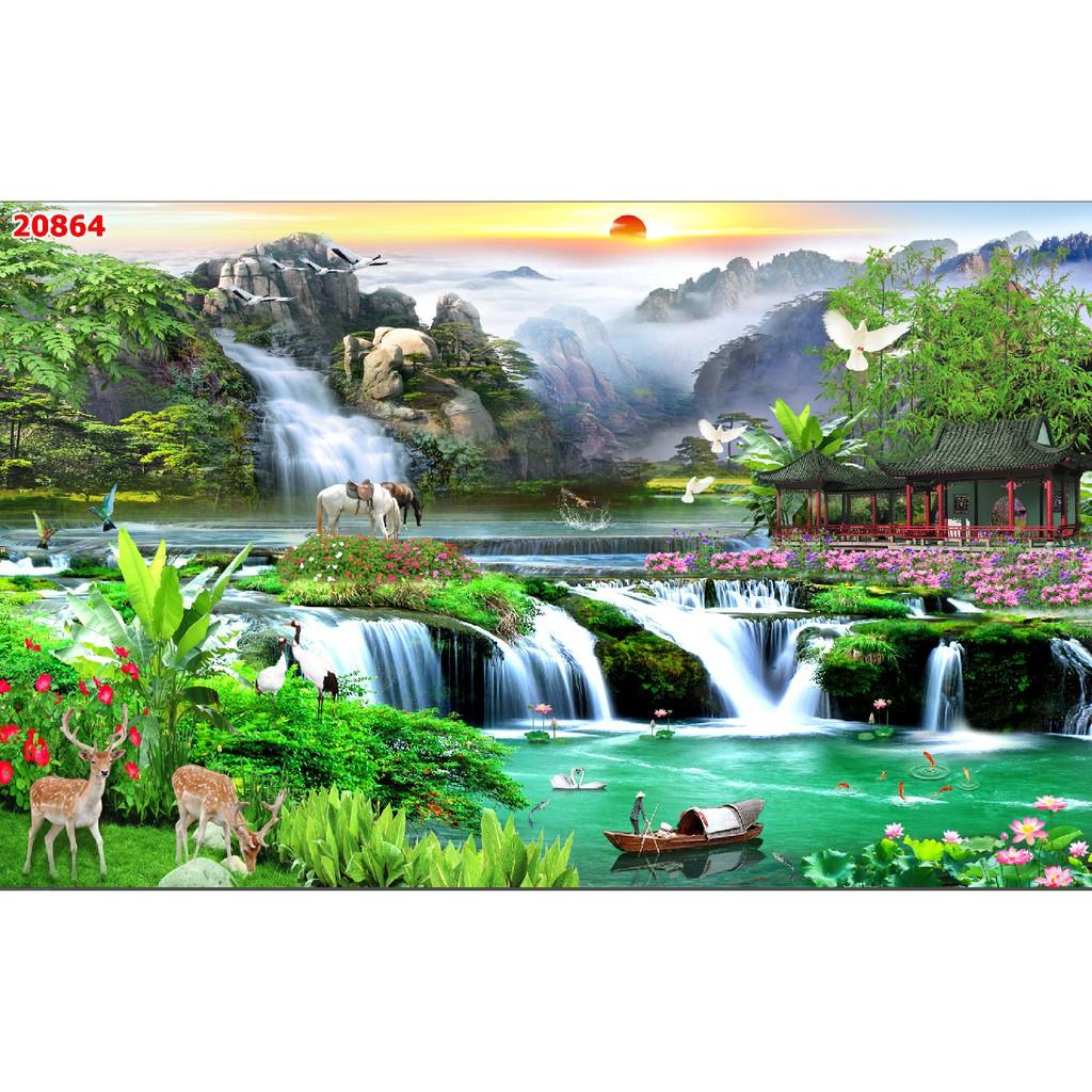 Tranh dán tường 3d sơn thủy hữu tình trang trí nhà cửa phòng khách giá rẻ đẹp chất liệu decal pp keo sẵn bóc dán atk32