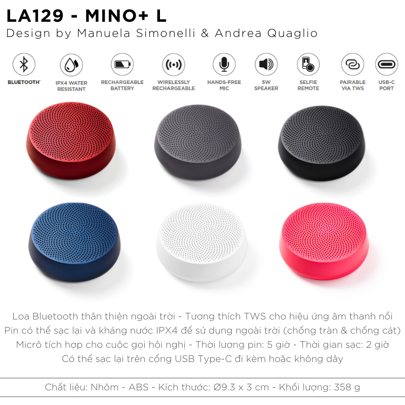 Loa bluetooth LEXON MINO L du lịch tích hợp micro kháng nước - Hàng chính hãng