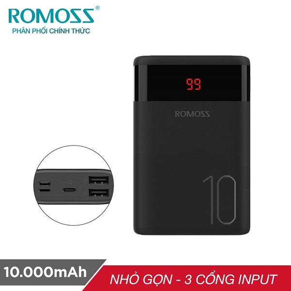 Pin sạc dự phòng Romoss Ares 10 10.000mAh LED 3 cổng input Micro - Lightning - Type C - Hàng chính hãng