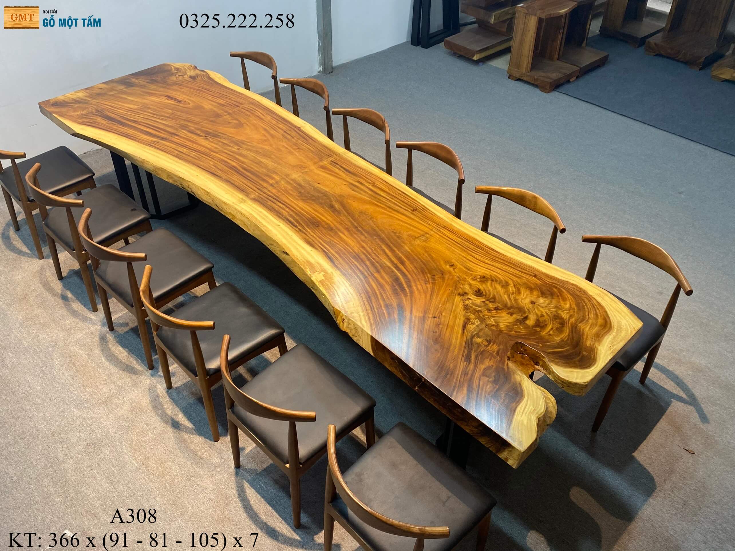 Bàn Cafe Gỗ Me Tây, Bàn Sân Vườn Gỗ Me Tây, Bàn Gỗ Me Tây Nguyên Tấm Dài 3,66m Rộng 1,05m Dày 7cm