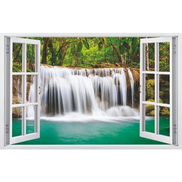 Tranh dán tường 3d cửa sổ thác nước ép kim sa có sẵn keo CS76