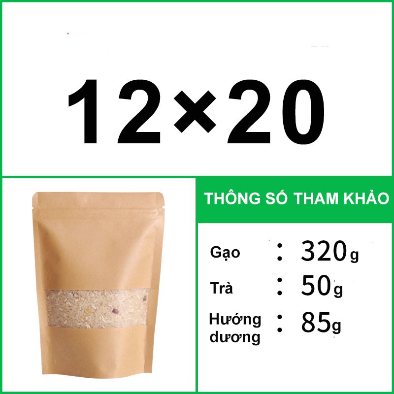 Túi Zip giấy Kraft đáy đứng có cửa sổ vàng đựng thực phẩm nhiều size tiện lợi - Set 50 túi