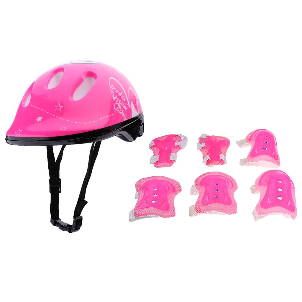 7 Pcs Kids Roller Skating Bicycle Helmet Knee Wrist Elbow Pad Pink