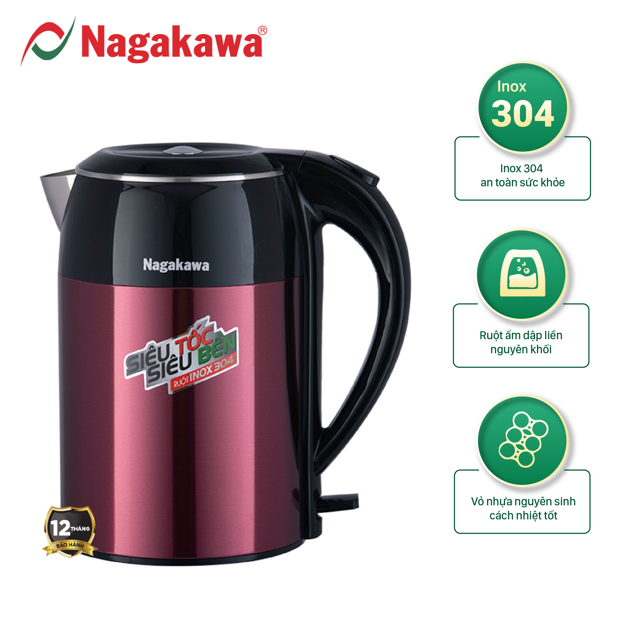 Bình Đun Siêu Tốc 2 Lớp Nagakawa Nag0315 1.8 Lít - Đỏ - Hàng Chính Hãng