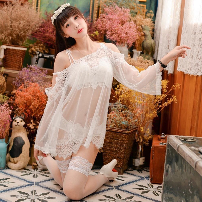 Q23 Váy ngủ xuyên thấu trễ vai gợi cảm  - Đầm ngủ xuyên thấu sexy