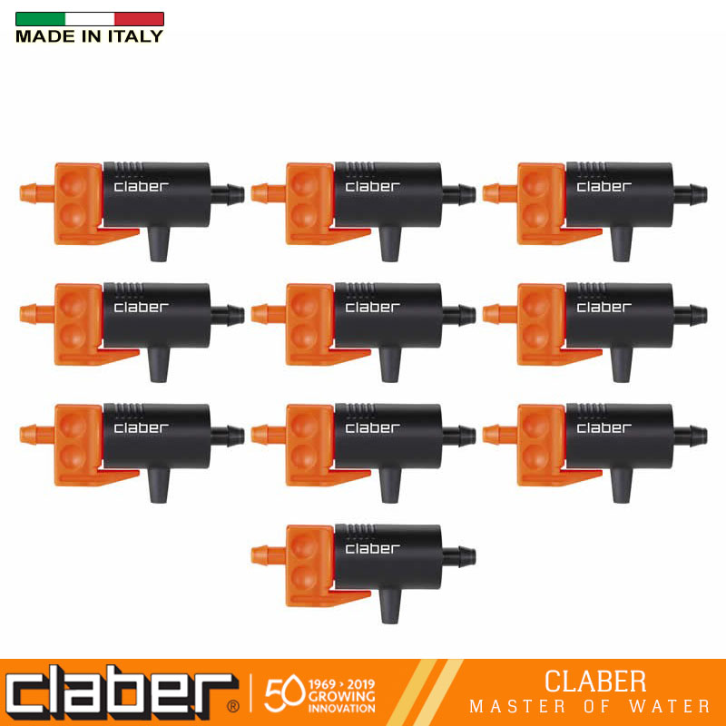 Đầu Tưới Nhỏ Giọt Liền Trục Claber 91217, điều chỉnh được lưu lượng 0-6l/h, bịch 10 cái, kết nối ống 4-6mm