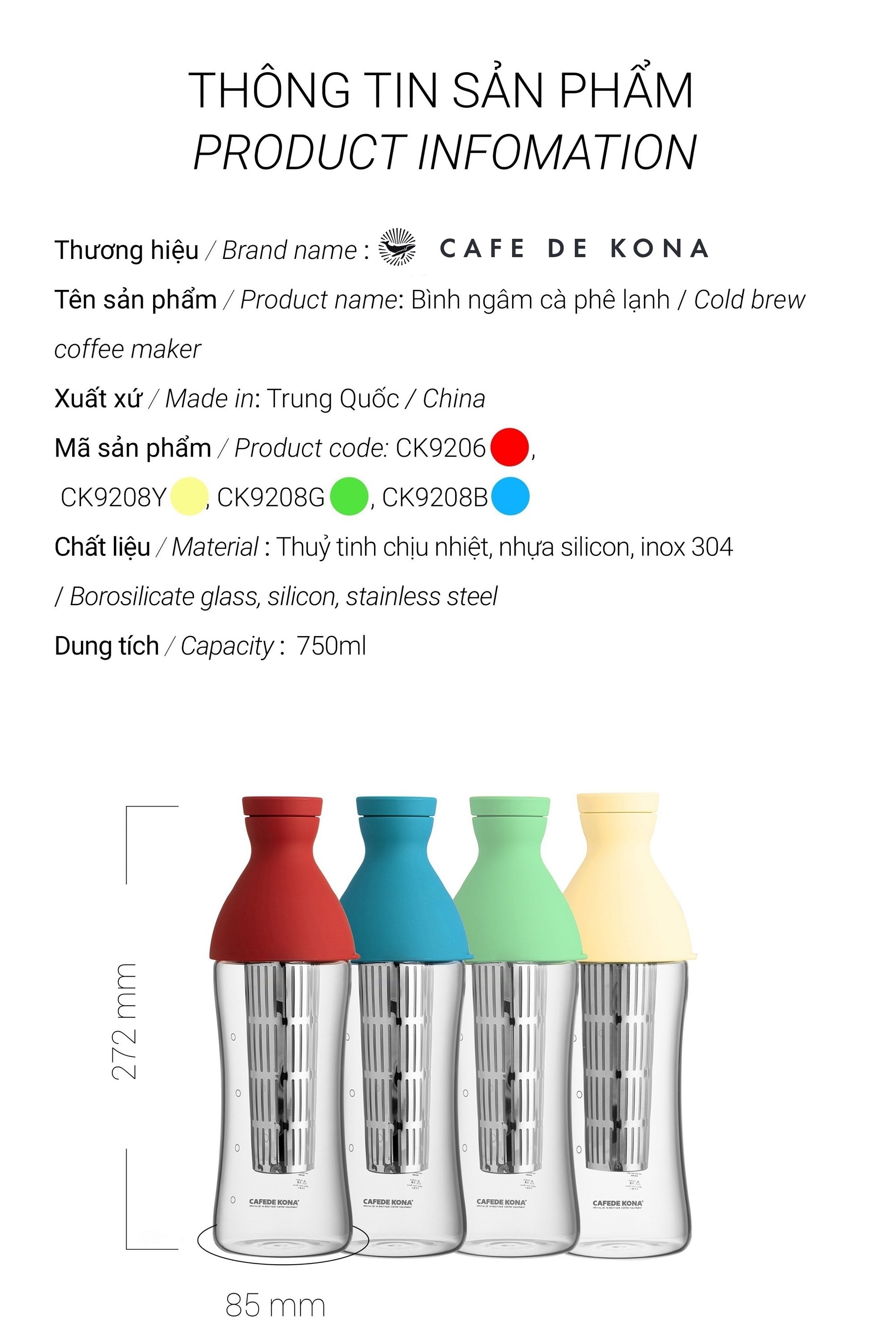 Bình chai ủ ngâm lạnh Cold brew cà phê, trà, Detox CAFE DE KONA