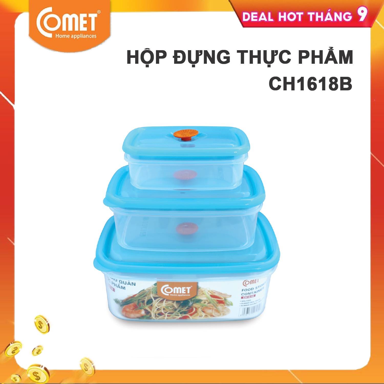 Bộ hộp đựng thực phẩm nhựa 3 món chữ nhật Comet CH1618