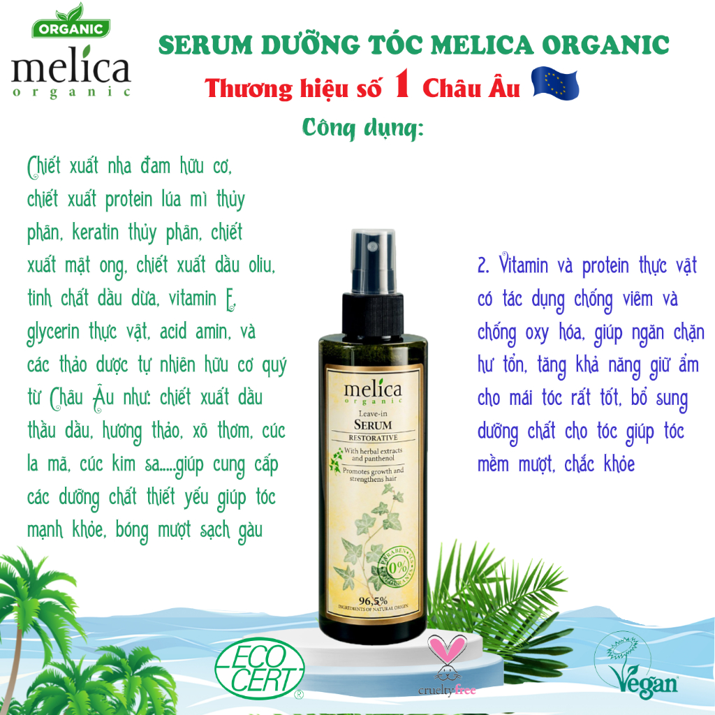 Serum dưỡng tóc thảo dược hữu cơ kích thích mọc tóc Melica organic 200ml tóc mềm mượt, óng ả, không lo rụng tóc