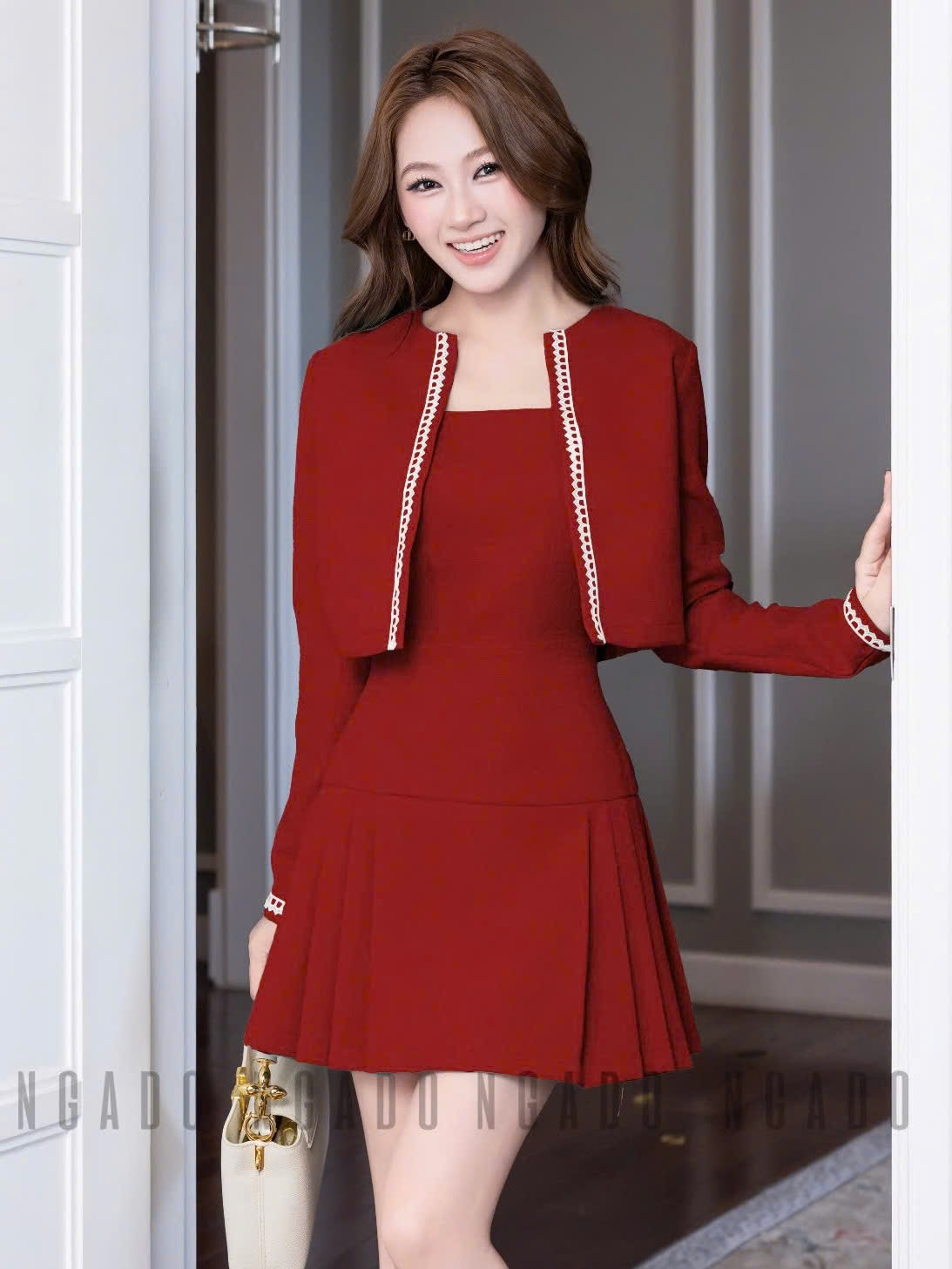 Set áo váy đỏ tay dài NGADO, set áo váy Nữ , set dự tiệc , công sở