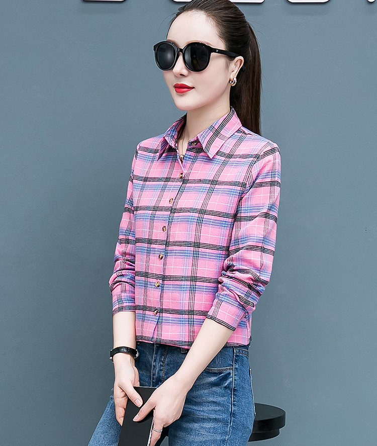 Áo sơ mi nữ Đũi Việt họa tiết caro phối màu Hồng DV22