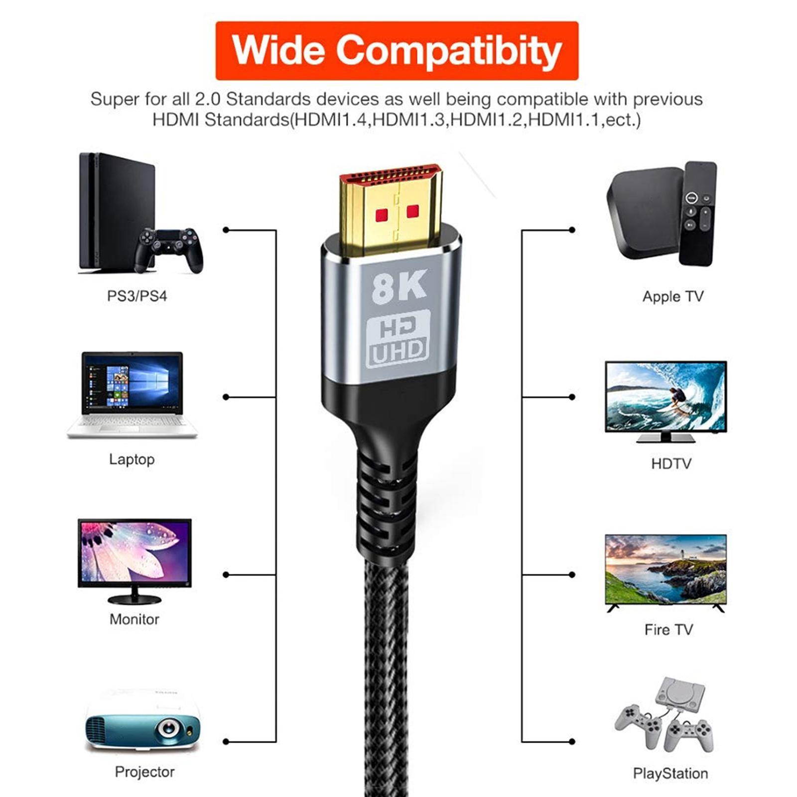 8K HDMI Cable 2.1, 48Gbps Audio Video HD Cable for UHD TV Laptop Game Consoles Projector