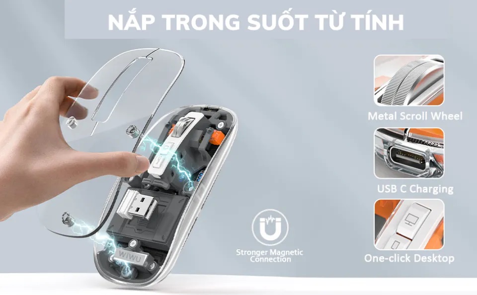 Chuột Không Dây Sothing WIWU Crystal WM105, Thiết Kế Trong Suốt Có Chế Độ Dual BT + 2.4G Kết Nối 3 Thiết Bị Cùng Lúc- Hàng Chính Hãng