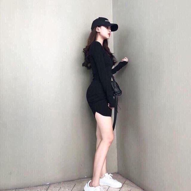 Váy body đầm body nữ vạt bầu xỏ ngón dài tay váy thun nữ ôm tôn dáng
