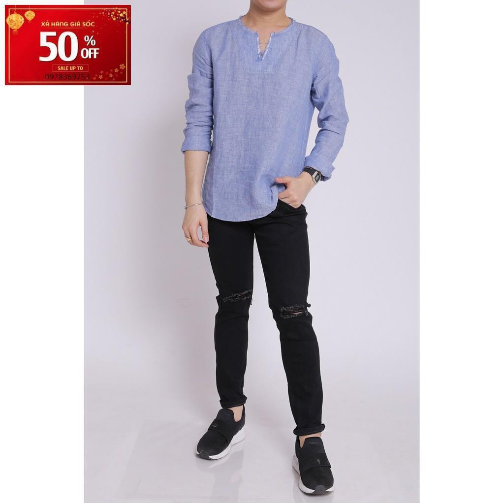 Áo sơ mi nam linen cao cấp dài tay cổ tua tròn boypro SBM006 (màu xanh nhạt)