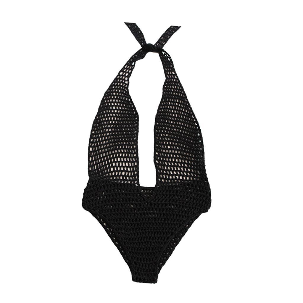 Fashion Women Ladies Black One Piece Crochet Knit Beach Bikini Monokini Swimwear Halter Deep V-neck Beachwear
