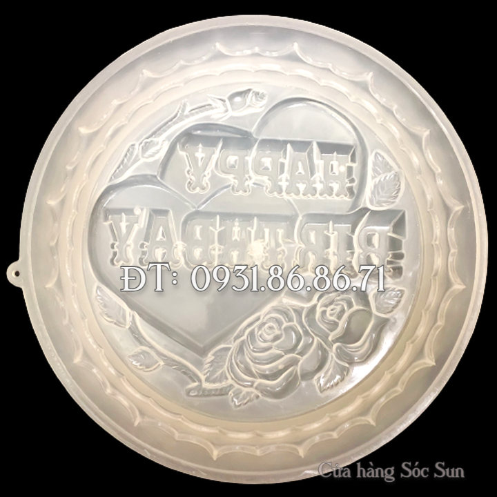 Khuôn rau câu sinh nhật trái tim đôi Happy Birthday hình tròn loại 25 cm - Mã số 1019