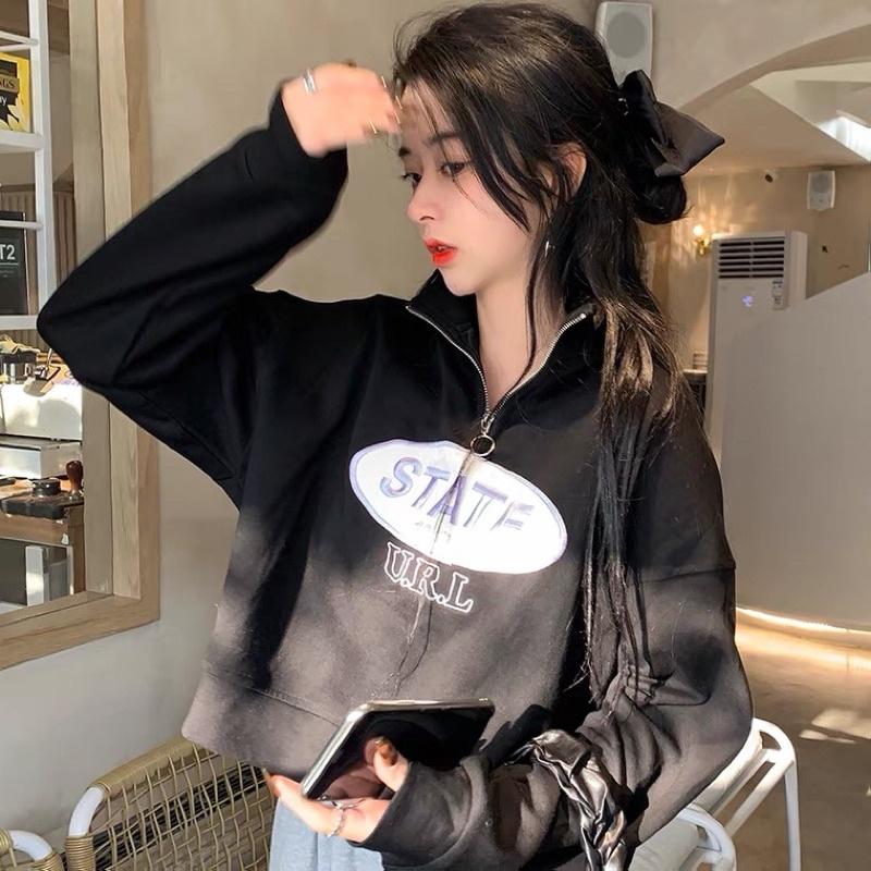 Áo Polo Cao Cổ Khoá Kéo Dáng Ngắn Tay Bồng Thêu Chữ STATE Vải Mềm Mịn Đẹp SWEATER
