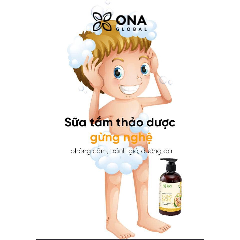 Sữa tắm thảo dược Gừng Nghệ Cỏ Cây Hoa Lá - Chiết Xuất Từ 9 Loại Thảo Dược Quý - Phòng Cảm, Tránh Gió, Dưỡng Da - Cho Con Cho Mẹ, Cho Đại Gia Đình, chai 300ml