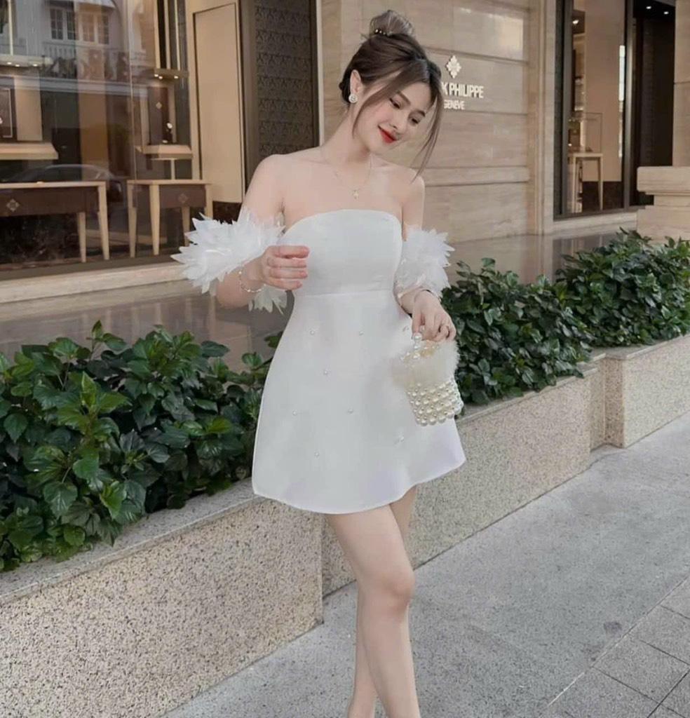 Đầm xòe trễ vai phối tay