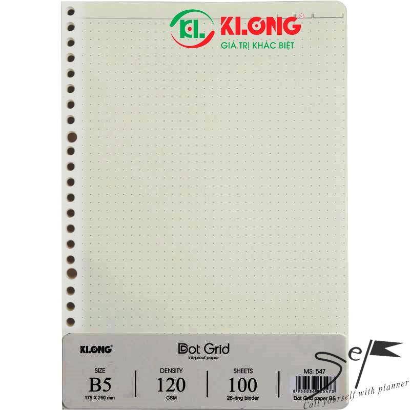 Ruột sổ còng giấy refill Dot Grid B5 100 tờ; MS: 547, chính hãng Klong còng 28 lỗ binder 120GSM