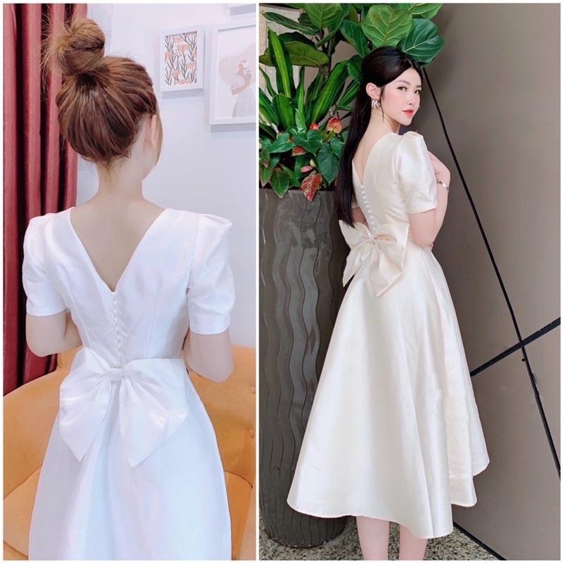 Váy trắng dự tiệc sang trọng xoè cưới nơ lưng bản to cổ vuông tay bồng chất taffa nhũ V0030 fullsize Ely Dress