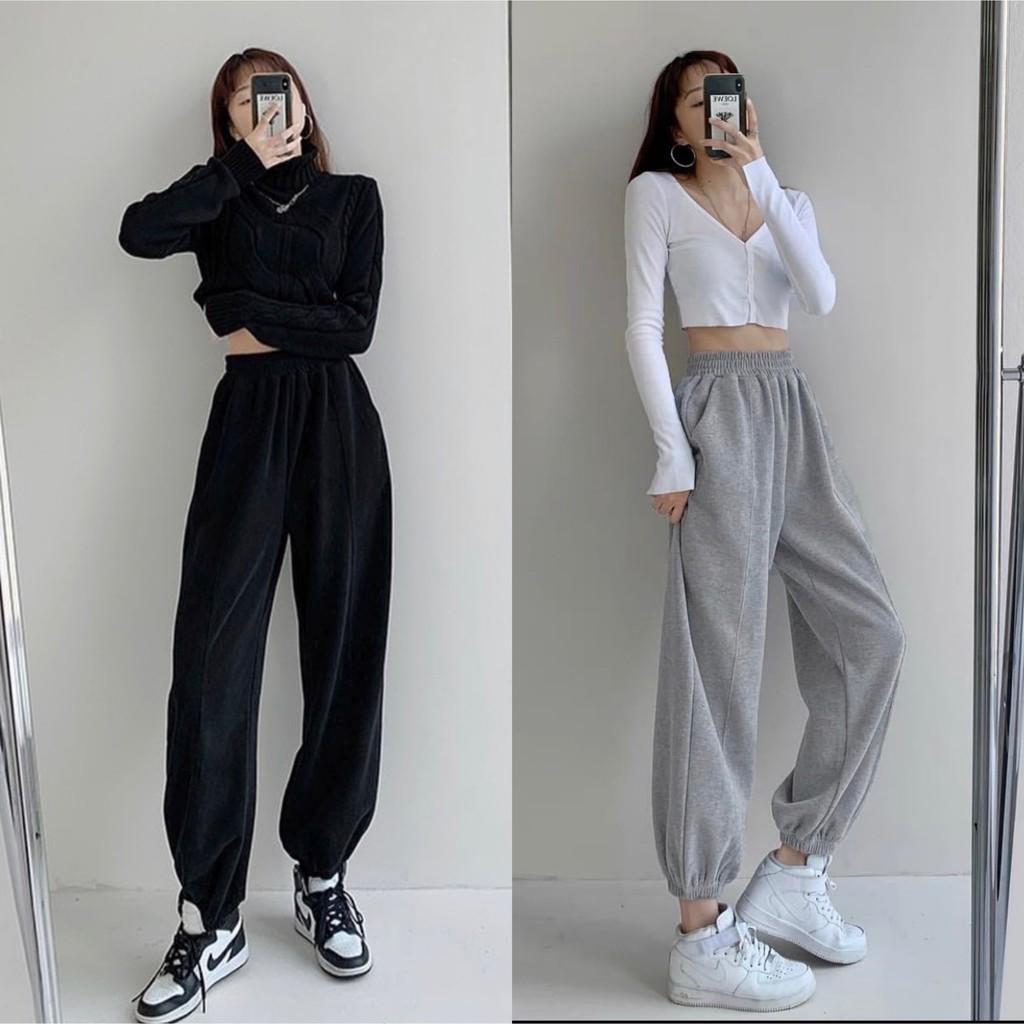 Quần Jogger nữ dài ống rộng phong cách Ulzzang - Màu Đen/ Xám bo gấu - Vitalita.cloth