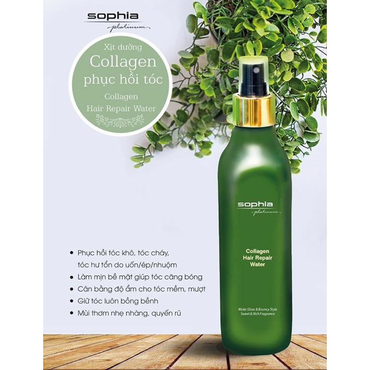 Xịt dưỡng tóc giúp tóc mềm mượt Sophia platinum Collagen Hair Repair Water Hàn Quốc 250ml tặng kèm móc khoá