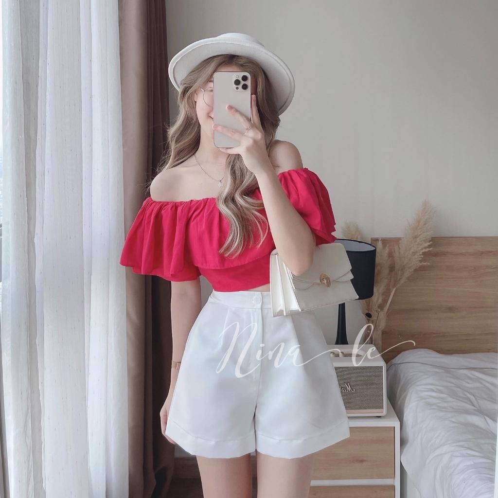 Sét bộ đồ nữ áo hồng trễ vai siêu xinh phối quần đùi ống rộng sang chảnh thích hợp cho nàng dạo phố, đi biển