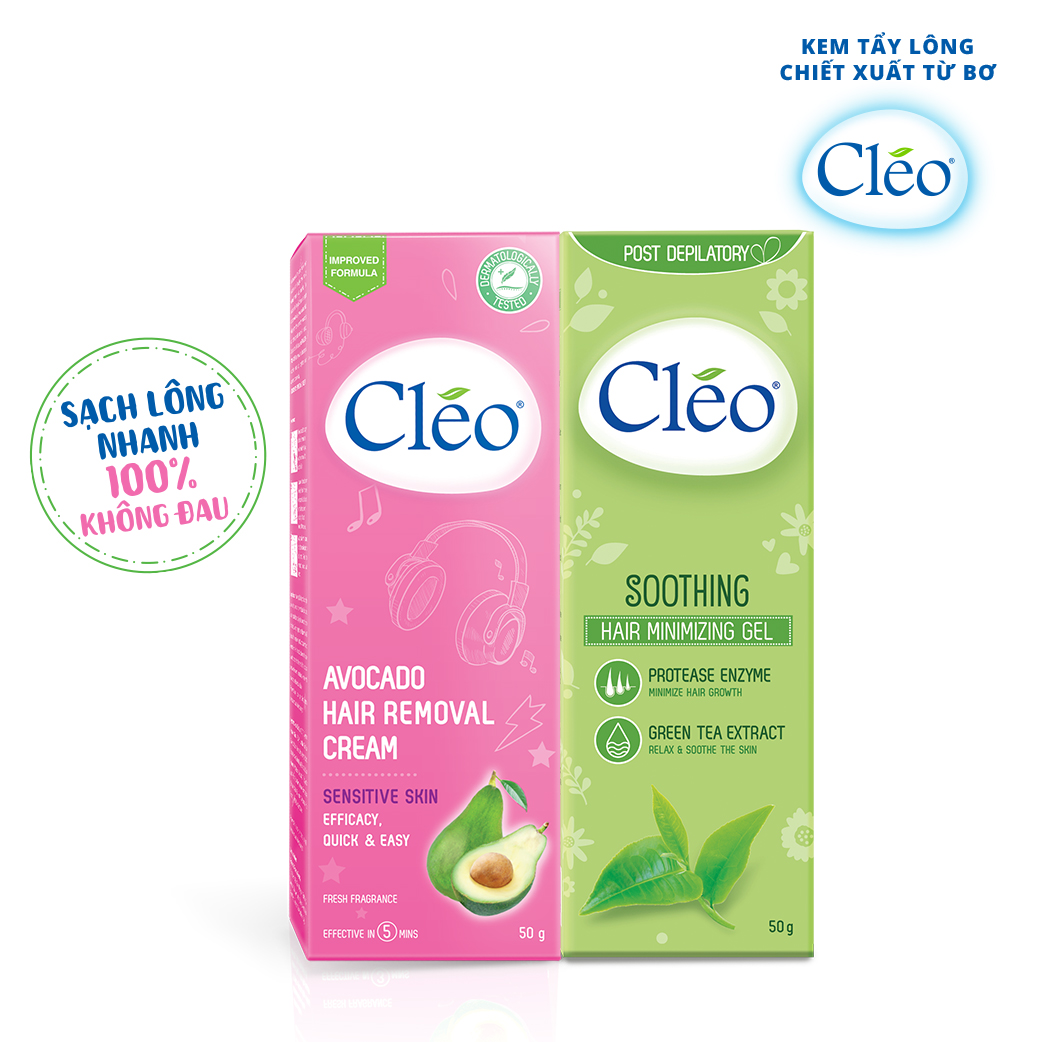 Combo kem tẩy lông chiết xuất bơ Cleo đa vùng dành cho da nhạy cảm 50g và Gel dịu da chiết xuất trà xanh Cleo giúp chậm mọc lông 50g, an toàn, không đau và đạt hiệu quả nhanh chóng