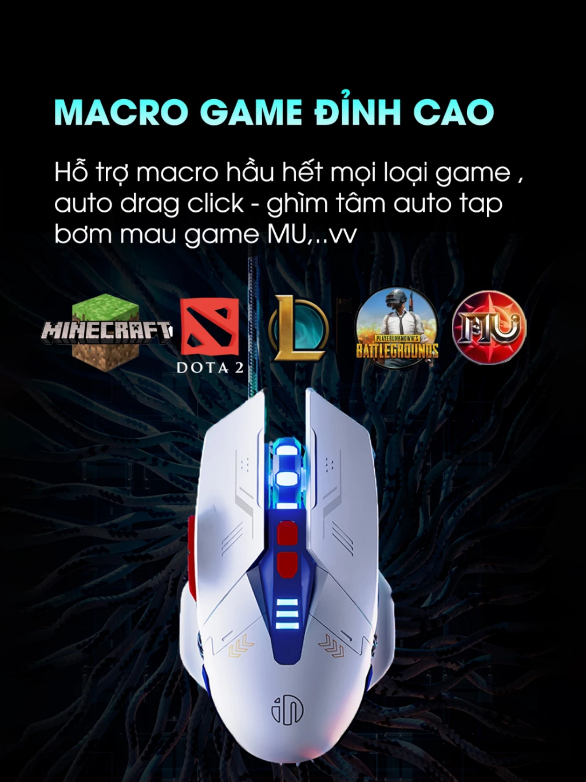 Chuột gaming máy tính có dây TEKKIN INPHIC W9 GUNDAM click silent chống ồn DPI 4000 cho gamer - hàng chính hãng