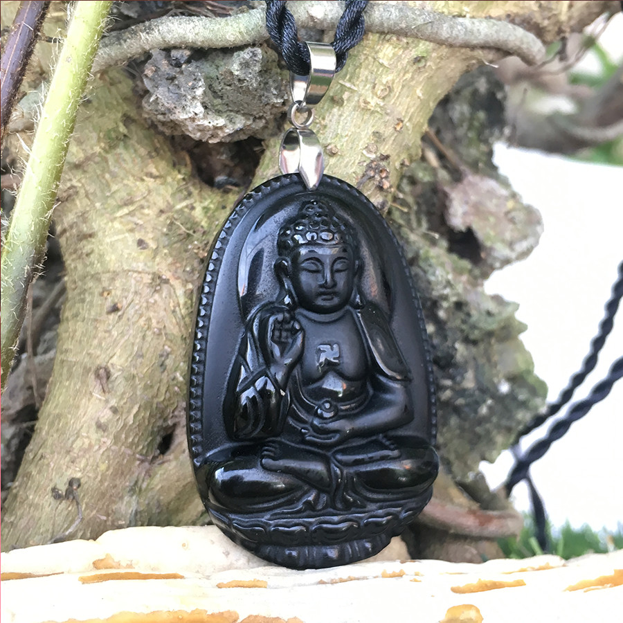 Mặt dây chuyền Phong Thủy, Phật hộ mệnh Tuổi Hợi, Phật A Di Đà,  Đá Núi lửa Obsidian,    Size to, BAN4Y