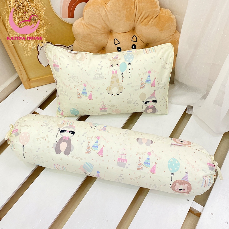 Bộ gối nằm và gối ôm cho bé Katina House, gòn lông vũ, vải Cotton Satin Hàn Quốc mềm mát