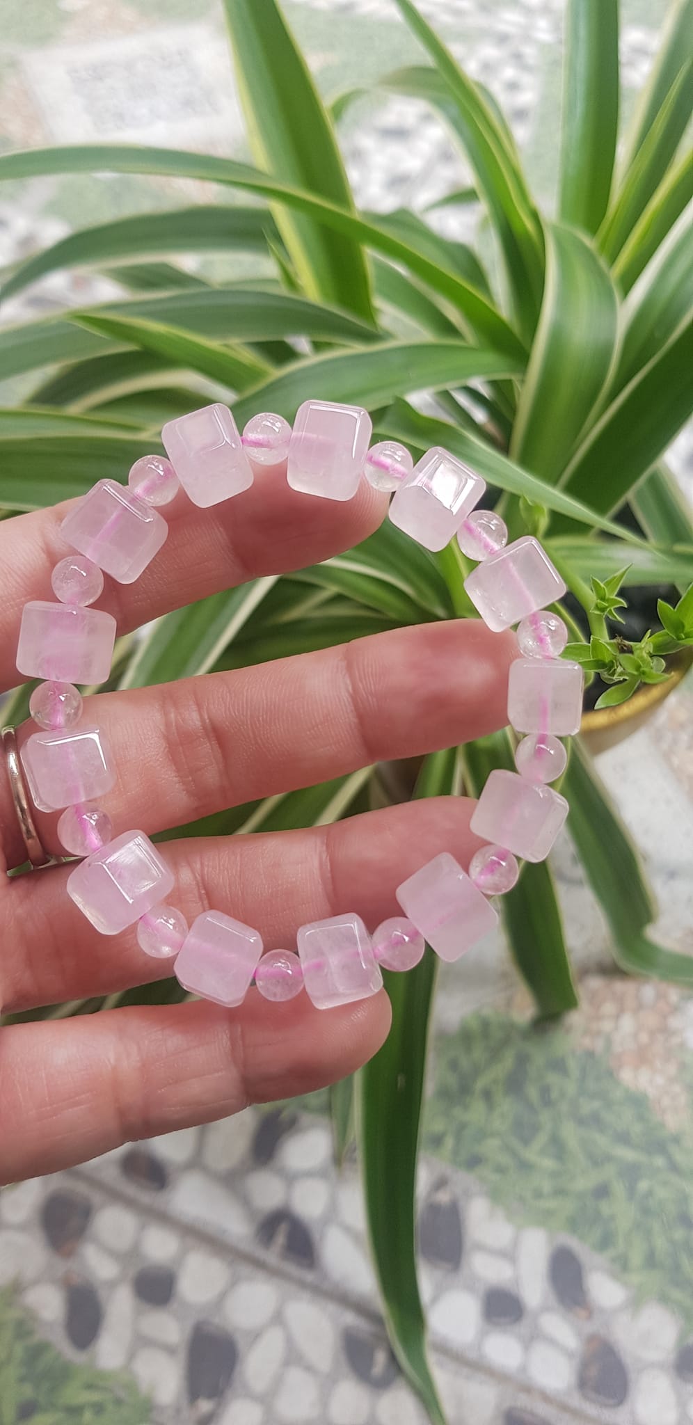 Vòng tay nữ kiểu đá thạch anh hồng tự nhiên hạt vuông tròn đan xen rất là đẹp Size hạt vuông 9mm phối bi nhỏ 6mm màu hồng tươi nhẹ nhàng nữ mệnh hỏa mệnh thổ đeo có 499k ạ