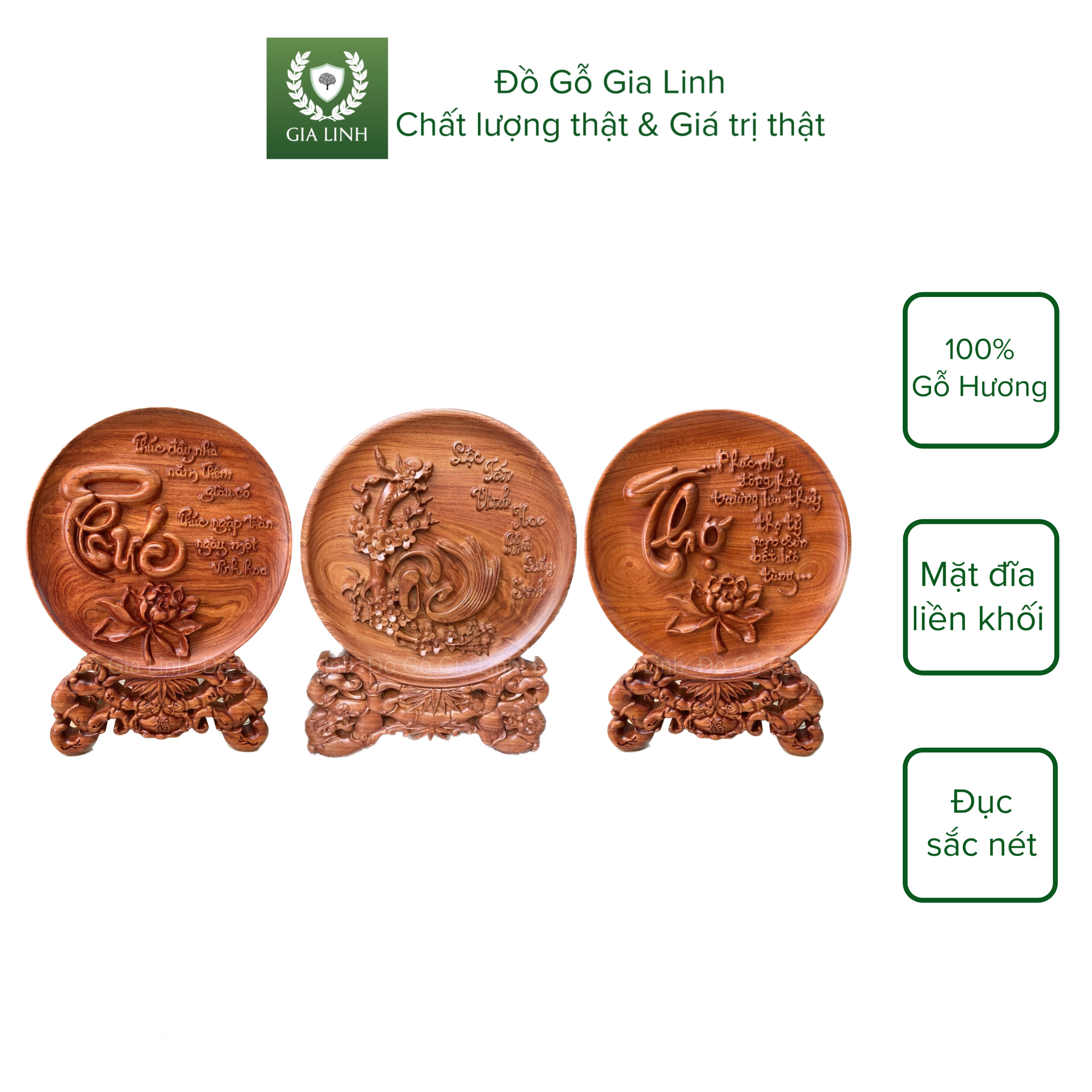 Bộ đĩa Phúc Lộc Thọ Đồ Gỗ Gia Linh gỗ Hương đá liền khối kèm chân đế