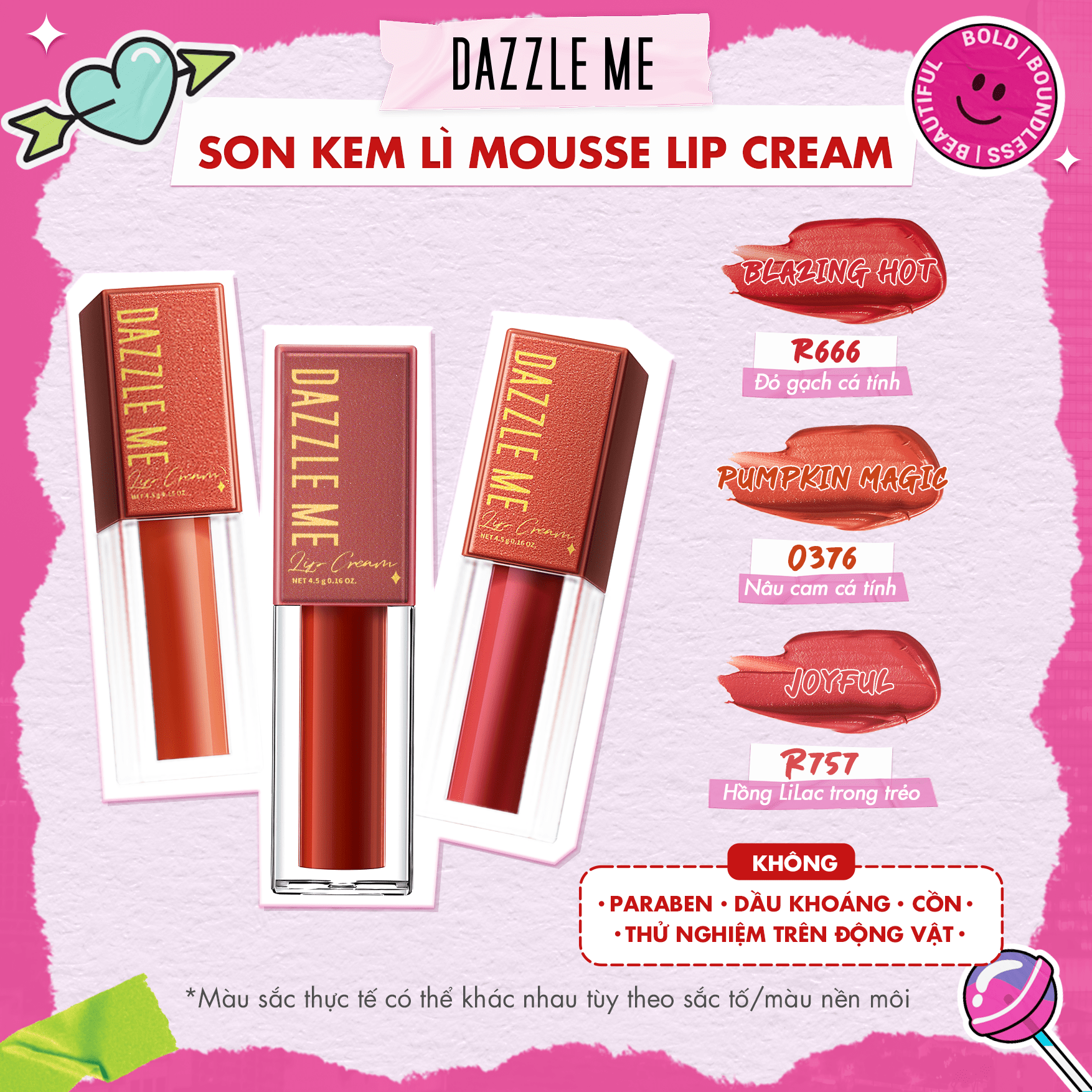 DAZZLE ME Son Kem Lì Siêu Mịn Kháng Nước Lâu Trôi Và Không Làm Khô Môi Mousse Lip Cream 4.5g