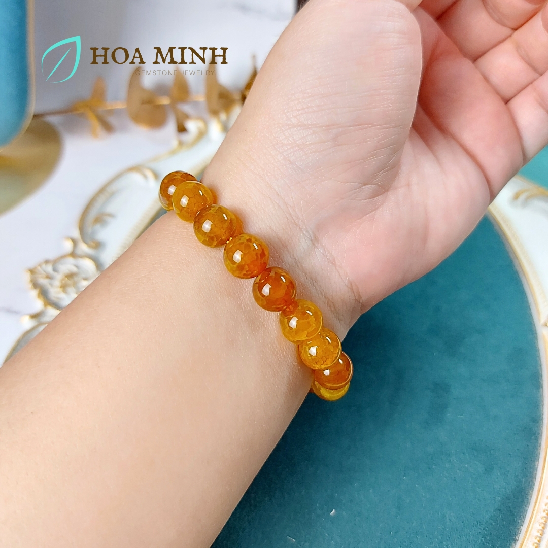 Vòng tay phong thủy đá Mã Não vân rồng vàng mật ong size hạt 10 li