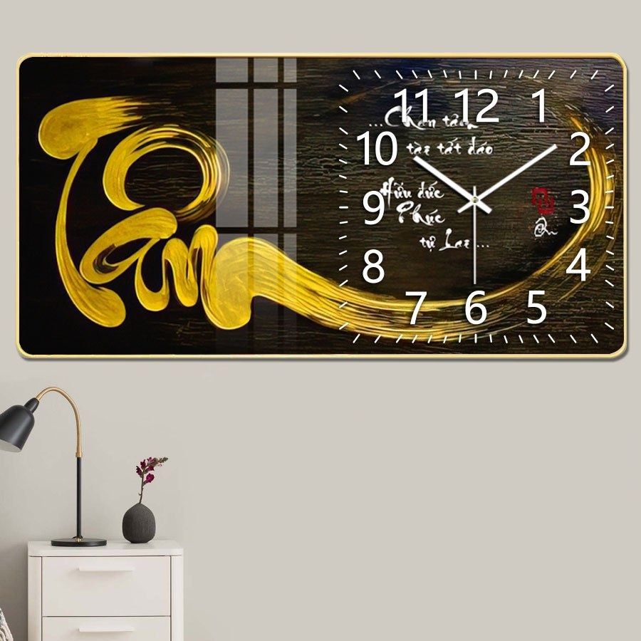 (ẢNH THẬT) Tranh đồng hồ tráng gương chữ tâm vàng tặng kèm pin và đinh 3 chân